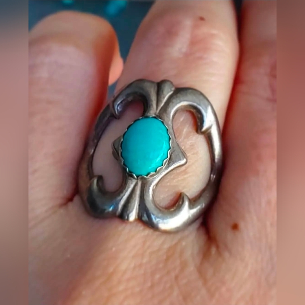Turquoise Sandcast Shield Ring - image 2